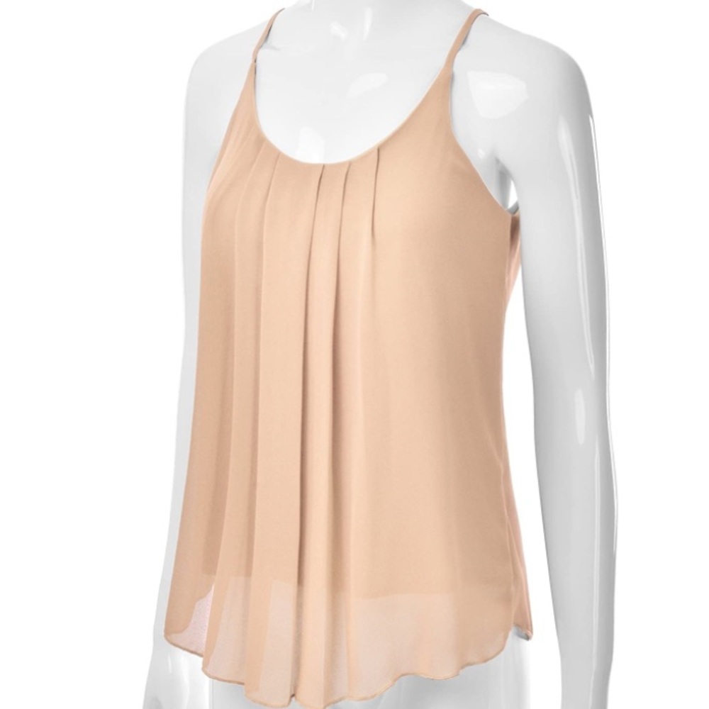 CREAM BEIGE CHIFFON PLEATED LAYERED SLEEVELESS CAMISOLE TOP